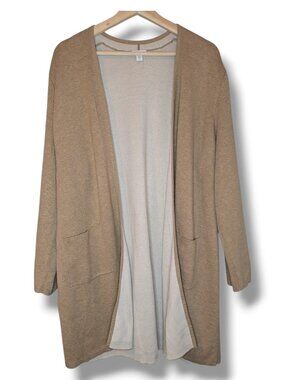 J Jill XL P Open Front Knit Cardigan Duster Pockets Tan Brown Long
